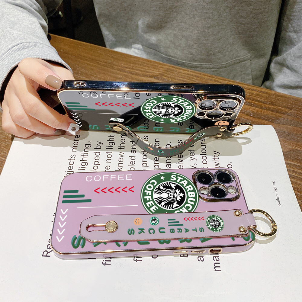 (With Wristband) Hontinga Casing Case For iphone 16 Pro Max Plus 5G 11 Pro Max 12 Mini 12 Pro Max 13 Mini 13 Pro Max Case Cartoon Cute Starbucks Luxury Chrome Plated Soft TPU Square Phone Case Full Cover Camera Protection Anti Gores Rubber Cases For Girls