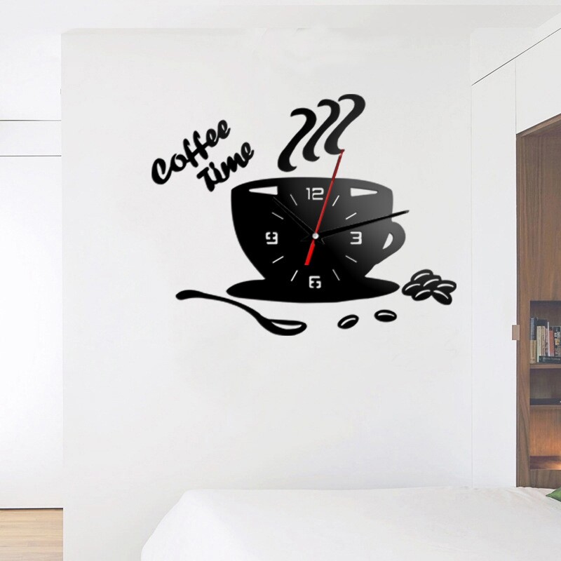 Creative 3D DIY Coffee Time Clock Acrylic Wall Clock Modern for Kitchen Home Decor Cup Shape Wall Sticker Hollow Numeral Clock