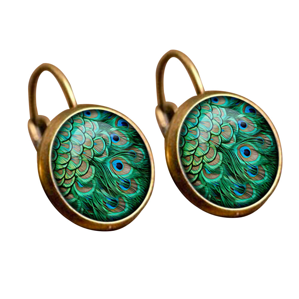 Gravitational wave Vintage Women Peacock Round Glass Cabochon Dangle Leverback Earrings Jewelry