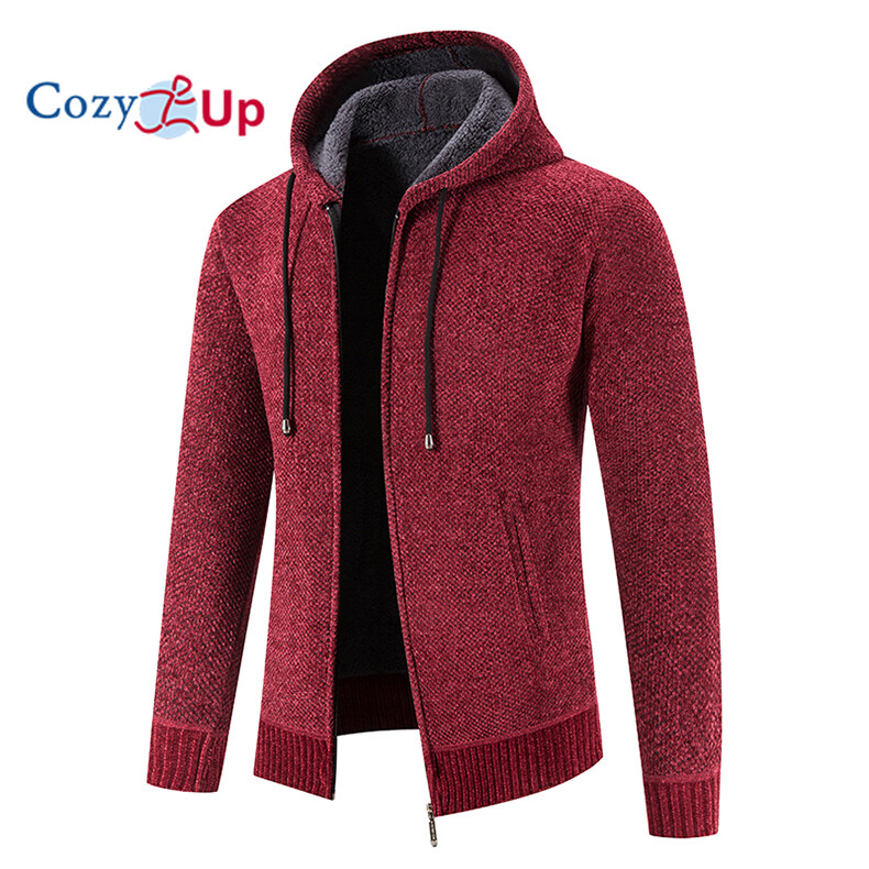 Cozy Up Men Knit Cardigan Fashion Slim Solid Color Hooded Velvet Warm and Comfortable Winter Jackets