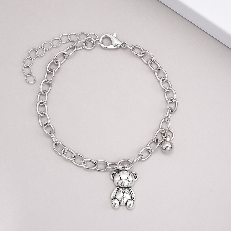 Fashion Simple Bell Bear Charm Bracelet Korean Version INS Style Alloy Silver color Adjustable Bracelet for Women