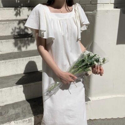 Korean Style Square Neck Short Sleeve Maxi Dress Women Summer Cotton Casual Plain Dress
