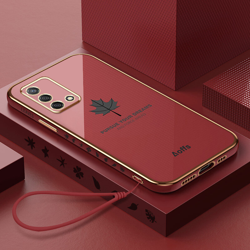 YBD Straight Edge Plating Phone case For OPPO A74 F19 casing, Precise Camera Protection case Maple leaf pattern cover with Free lanyard