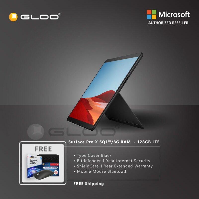 Microsoft Surface Pro X SQ1™/8GB RAM -128GB LTE Black + Pro X TC Black + Shield Care 1 Year + Bitdefender Internet Security+ Mobile Mouse Bluetooth Black Malaysia