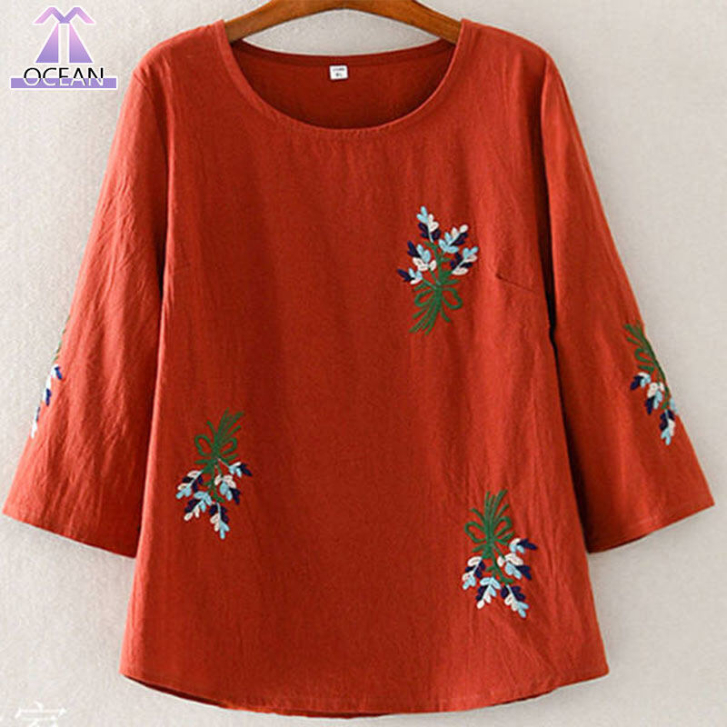 OC Embroidered T-shirt for Women Fashion Loose Middle-aged and Elderly T-shirt Three-quarter Sleeve Embroidered T-shirt