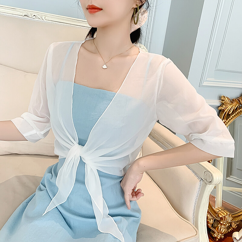 Ấn Tượng Thời Trang Phụ Nữ Hàn Quốc Voan Trơn 3/4 Tay Áo Phía Trước Cà Vạt Ngắn Áo Choàng Chống Nắng