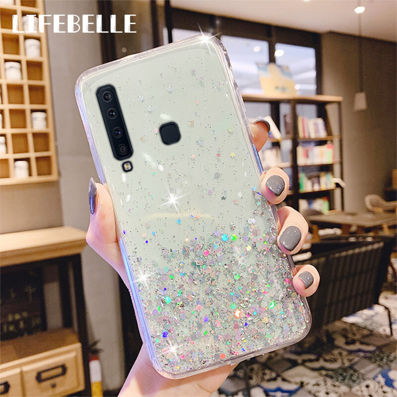 LIFEBELLE For Samsung Galaxy A9 2018 Case, Women Luxury Fashion Glitter Star Foil Sparkle Phone Case Clear Flexible Soft Rubber TPU Bumper Bling Protective Casing Back Cover for Samsung A9 2018 A920F