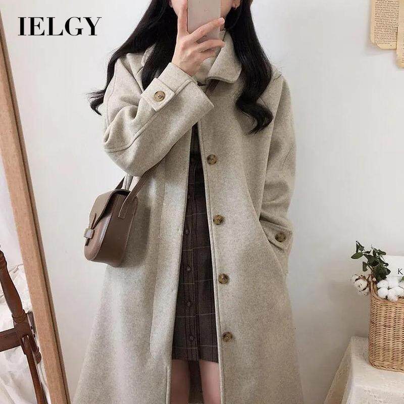 IELGY women's korean style loose mid-length woolen coat