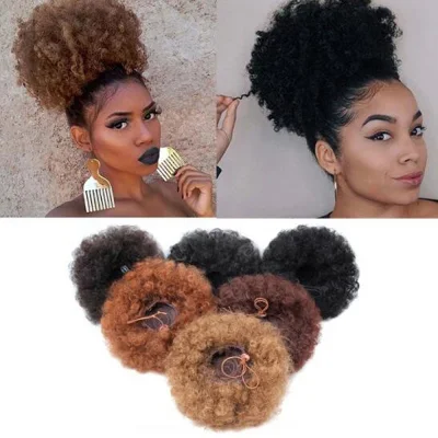 8inch Short Afro Puff Synthetic Hair Bun Chignon Hairpiece For Women Drawstring Ponytail Kinky Curly Updo Clip Hair Extensions
