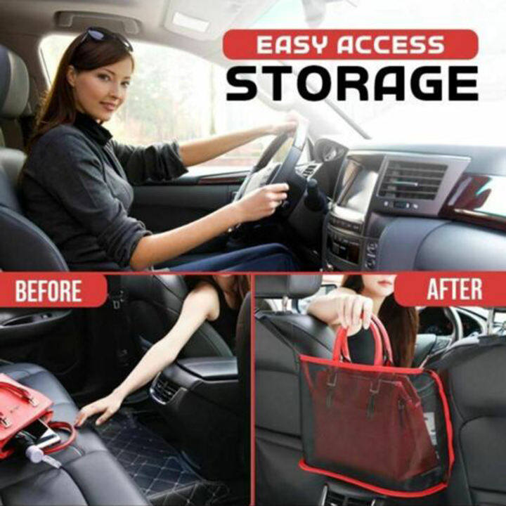 Handbag Holder Attaches to Headrest Car Net Pocket Handbag Holder Car Hooks for Purses and Bags Front Seat Black Seat Back Organizer -Driver Storage Netting Pouch Handbag Holder for Car
