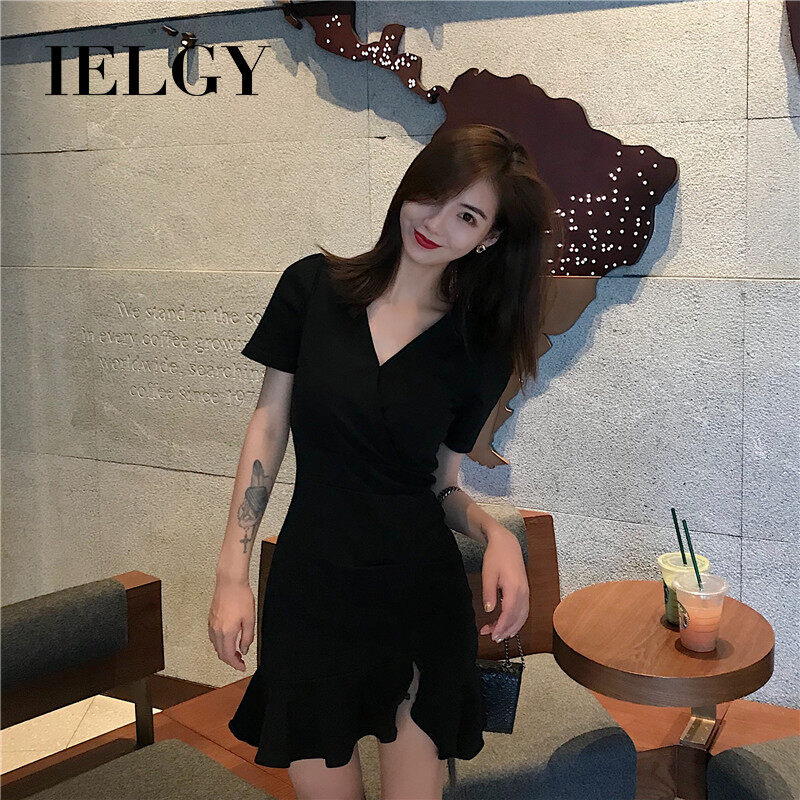 IELGY irregular dress female summer Korean version of the slim V-neck short-sleeved small black skirt high waist bag hip skirt