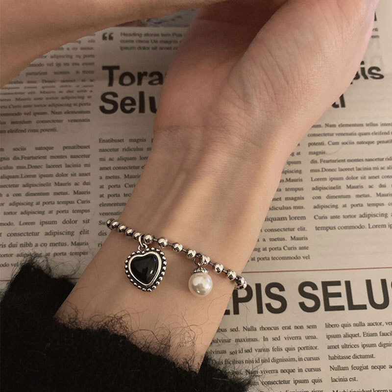 Fashion Jewelry Shop INS Black Crystal Heart Bracelet Women Exquisite Pearl Bracelets BFF Valentine's Day Gift