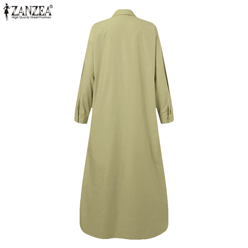 ZANZEA Womens Collared Button Down Solid Colour Kaftan Long Maxi Shirt Dress