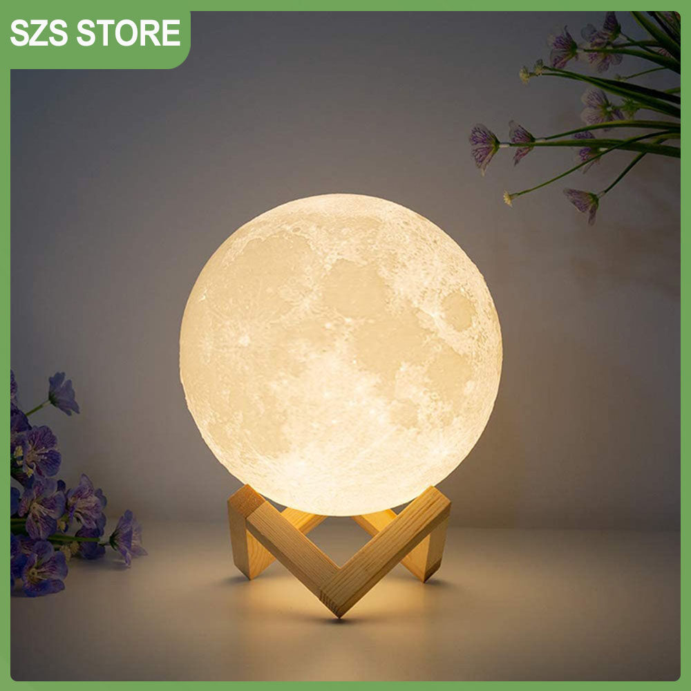 LED Night Light Moon Lamp 8CM/12CM 3D Print  Star Battery Powered With Stand 