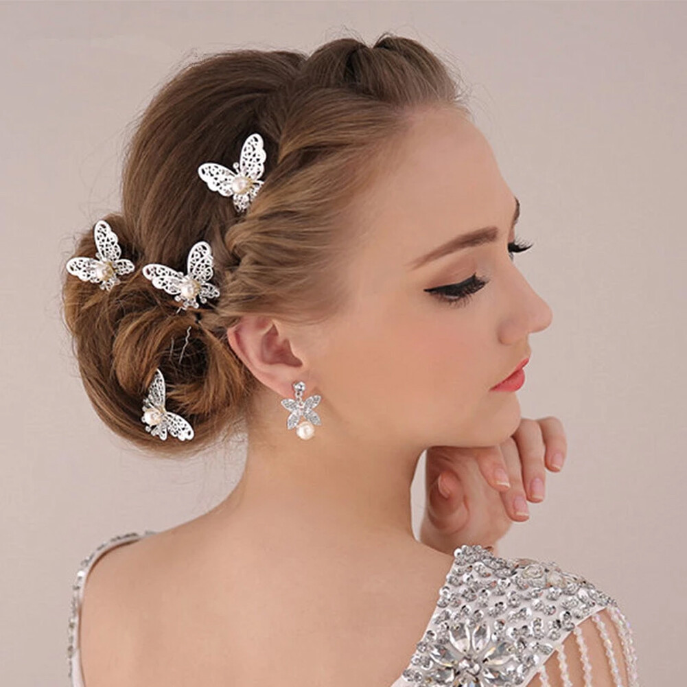 【ZNBY】nĩa Cài Tóc Bướm Kim Loại Rỗng Kẹp Hình Chữ U Phong Cách Dân Tộc Kẹp Tóc Ngọc Trai Đính Kim Cương Giả Dát Kẹp Tóc Cô Dâu Kẹp Tóc