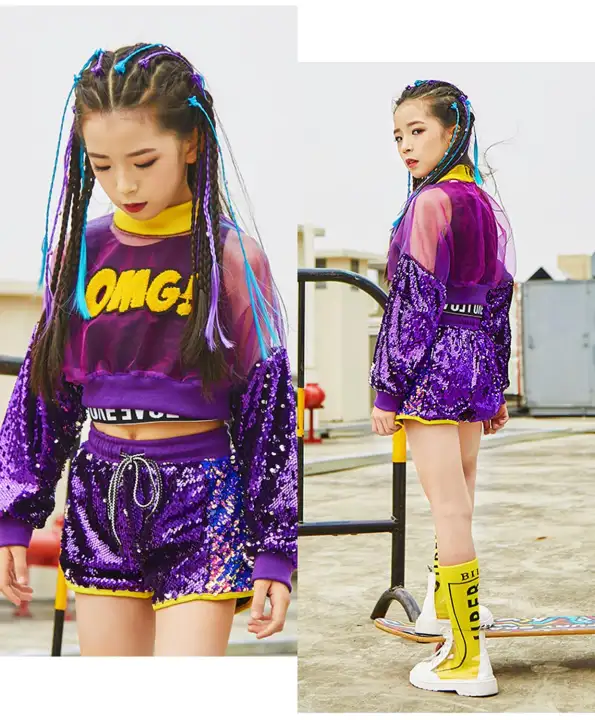 3pcs Kids Girls Sequins Crop Top Shorts Clothes Set Jazz Dance Hip