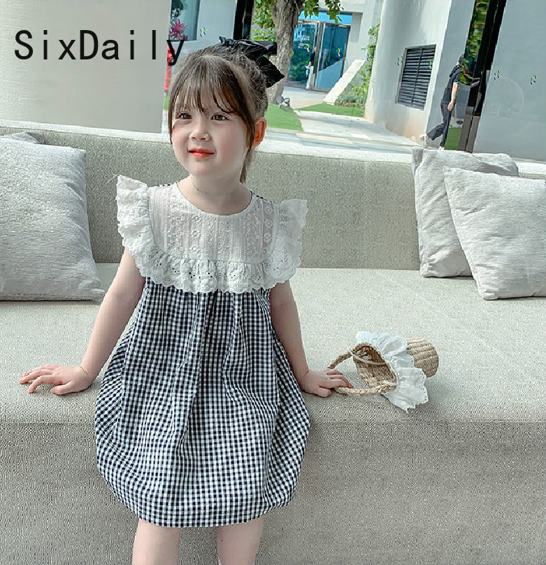 Sixdaily summer girls plaid lace dress sleeveless pullover dress 90-130 d0132