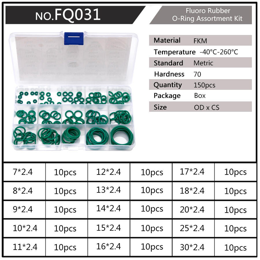 150pcs 15 sizes 2.4mm Thickness Sealing Green Fluorine Rubber oring FKM Gasket FQ031