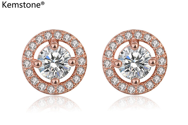 Kemstone Full Crystal White Gold Rose Gold Silver Plated Round Stud Earrings Female Women Jewelry Gift