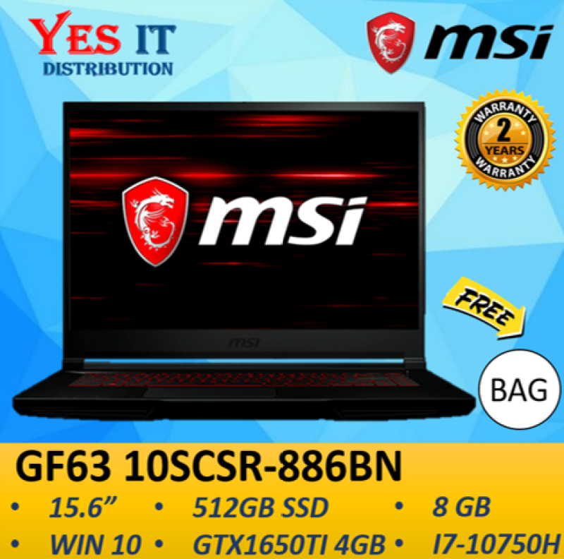 MSI GF63 10SCSR-886BN 15.6 FHD IPS 144Hz Gaming Laptop ( i7-10750H, 8GB, 512GB SSD, GTX 1650Ti 4GB Max-Q, 2YW) FREE BAG Malaysia