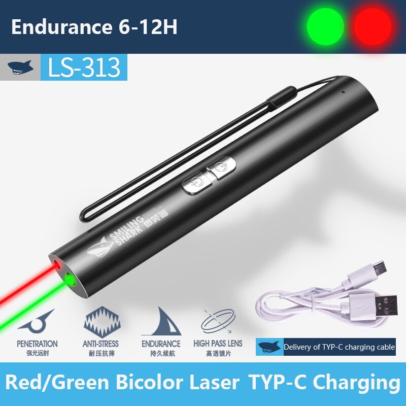 Smiling Shark LS313 2 in 1 Laser Pointer Pen Portable Green Red Light Hight Power Super Bright Laser Light Rechargeable Cat Laser Pointer Teach Presentation Laser Long Shot 1000M