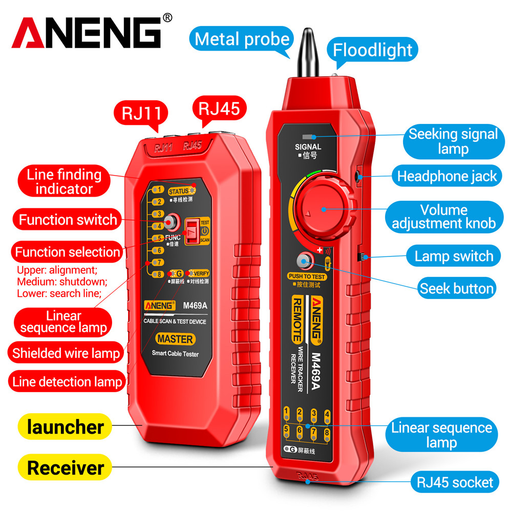 ANENG M469A LAN Cable Tester Finder RJ45 RJ11 Wire Tracker Receiver Multi Test Networking Tool with Flashlight Network Repair Tool