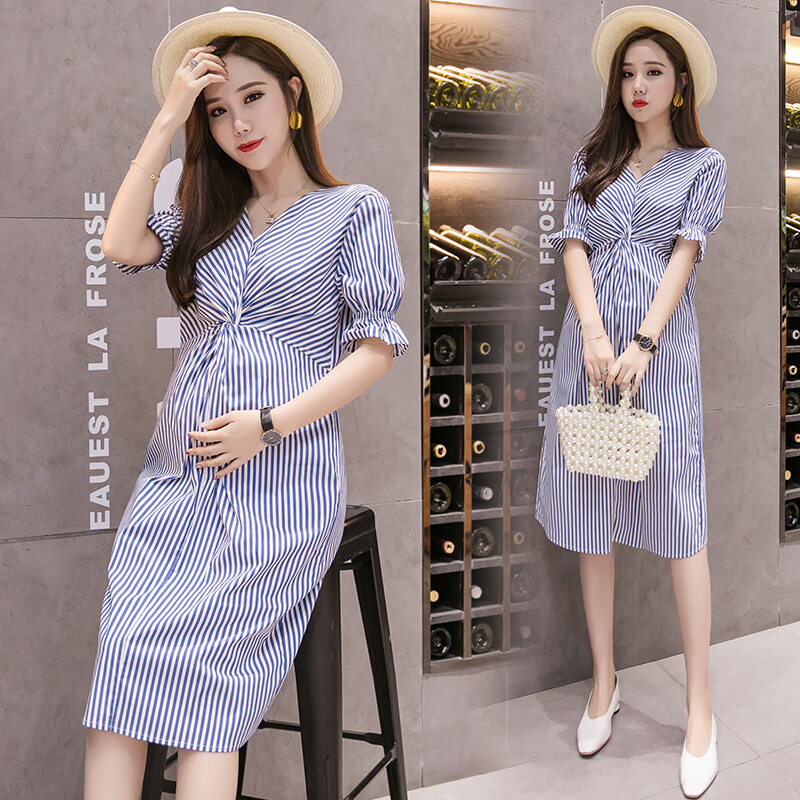 Maternity Dress Summer Korean Fashion V Neck Slim Clothes Pregnant Women Stripe Short sleeve Pregnancy Dress Lazada PH