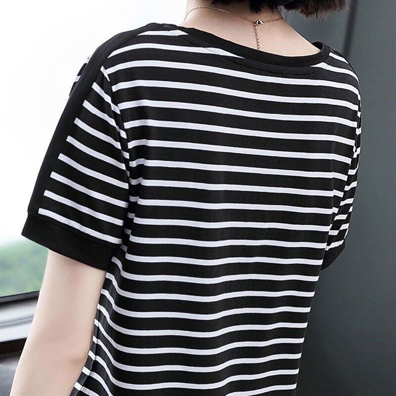 Áo Thun Cotton Kẻ Sọc Đen Cho Nữ Áo Ngoại Cỡ Nữ Tay Ngắn Phong Cách Đơn Giản Mới Mùa Hè 2021, Áo Thun Dáng Rộng