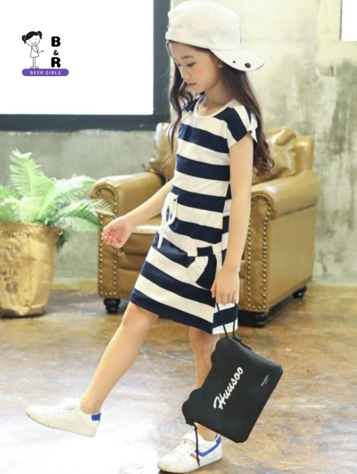 BEERGIRLS kids girls dress 2023 fashion black and white stripe buttock T-shirt 连衣裙