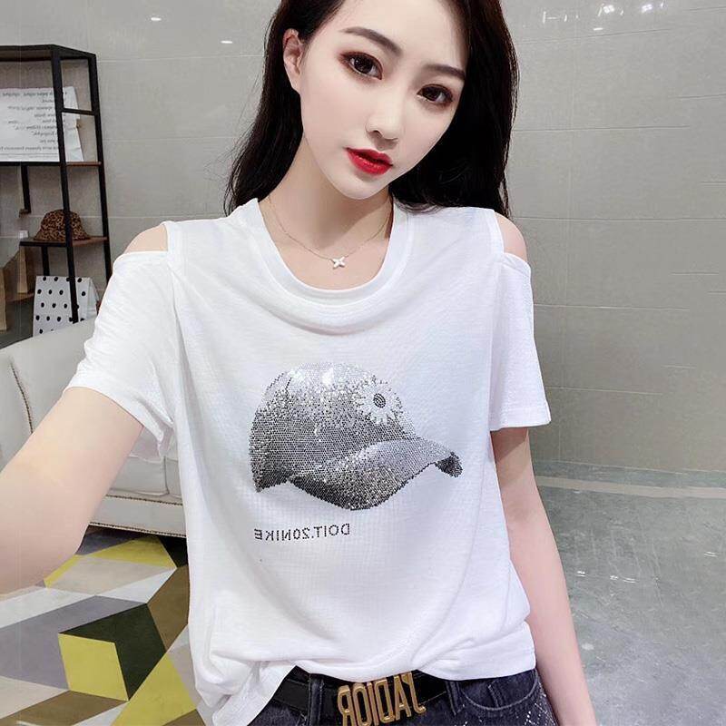Women's Top Trend Women's Dress 2023 Summer New Off-shoulder Solid Color T-shirt Round Neck Versatile Personality Top
