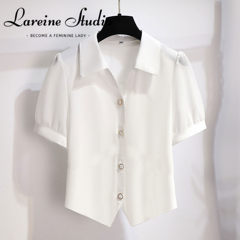 LAREINE Women's chiffon short-sleeved shirt summer new short small blouse senior feeling top