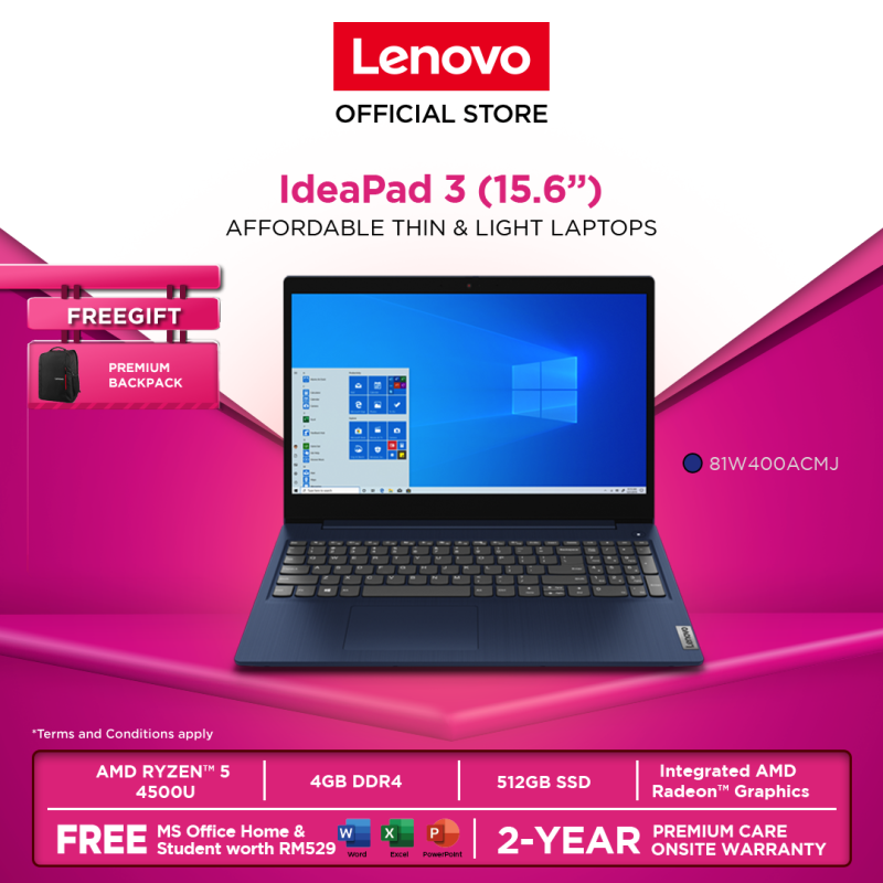 Lenovo IdeaPad 3 15ARE05 81W400ACMJ 15.6|RYZEN 5|4GB|512GB|INTERGRATED|W10H|MS H&S|2YRPREM|BACKPACK Malaysia