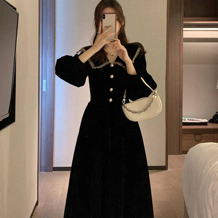 Plus Size Gold Velvet Dress for women doll collar French retro Dress Christmas New Year Party Slimming Fashion Evening Dresses