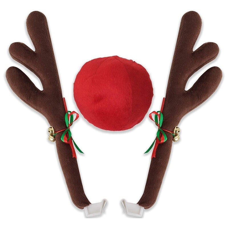 Car Reindeer Antlers & Nose - Window Roof-Top & Grille Rudolph Reindeer Jingle Bell Christmas Costume Auto Accessories