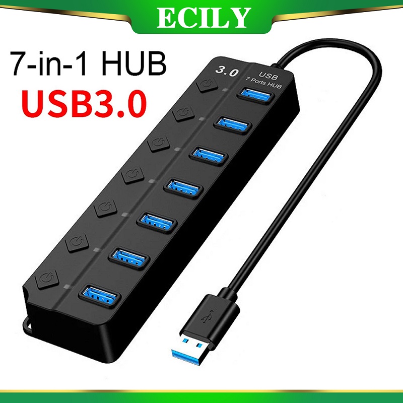 Ecily USB 3.0 Bộ chuyển đổi điện 7 cổng bộ chia USB đa tuyến Hub Hub USB nhiều Expander chuyển 30cm Bộ chia cáp Trạm Sạc