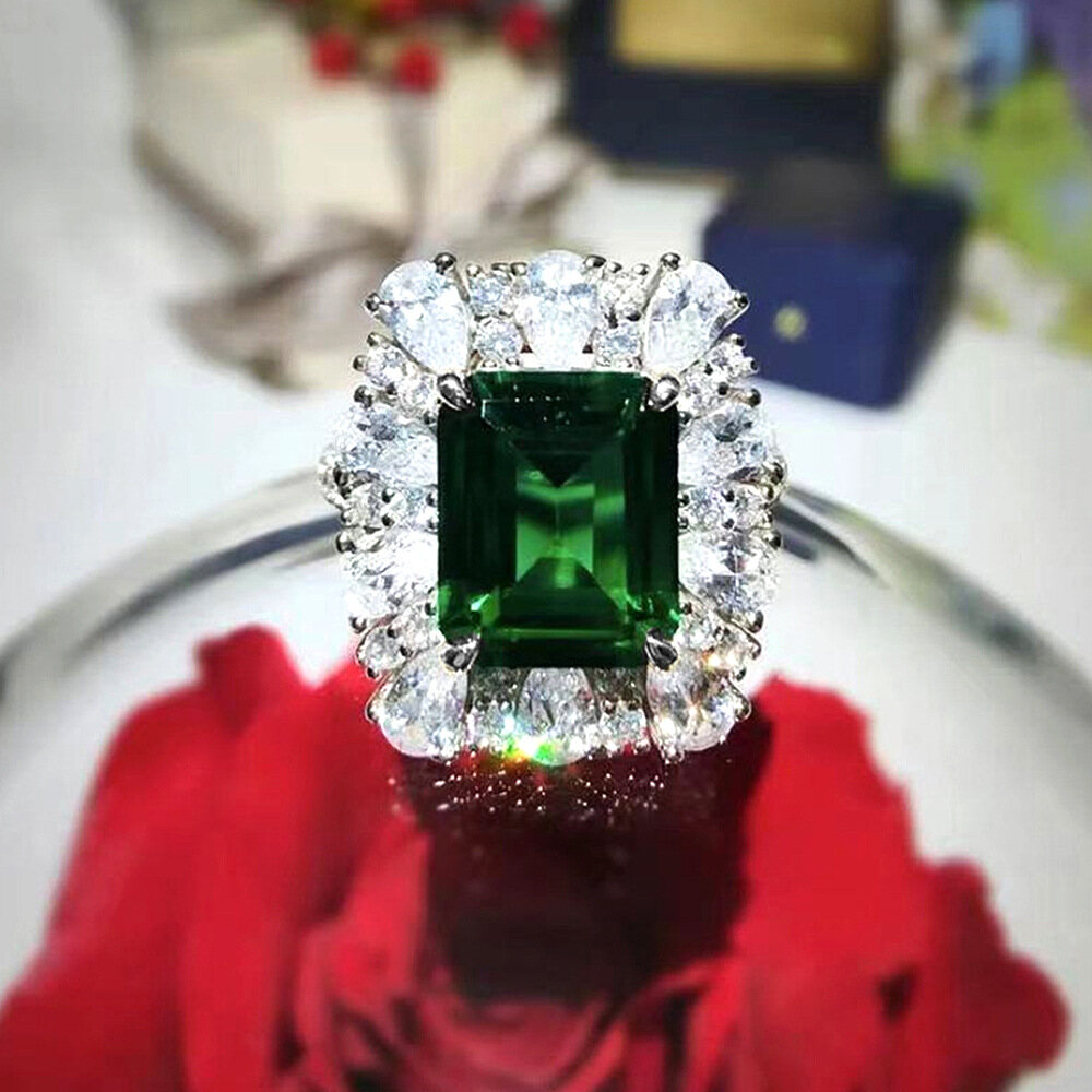 Nhẫn Ngọc Lục Bảo Kim Cương Rực Rỡ Mạ Bạch Kim Zircon Đèn Vòng Tròn Sang Trọng