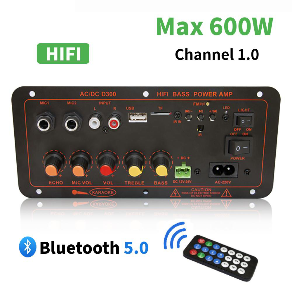 Âm thanh Bluetooth bảng khuếch đại 600W 300W loa siêu trầm micro kép mô-đun AMP cho 8 ohms loa 12/24V 110/220V