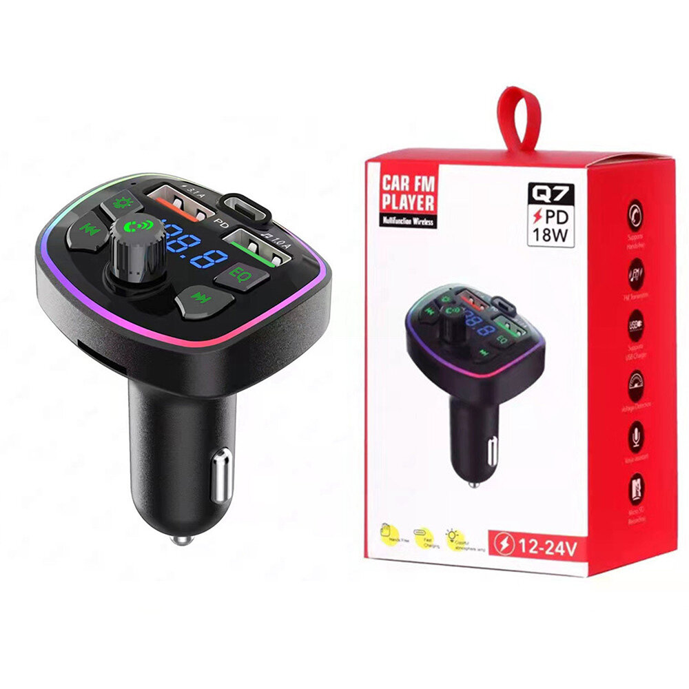 Bluetooth 5.0 Car Fast Charger 18W PD Type-C Dual USB 4.2A with 7 Color Mood Light TF U Disk FM MP3 Lossless Music Player Transmitter Hands-Free Car Kit