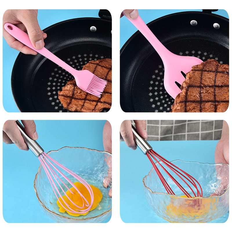 Houseeker 5Pcs Silicone Kitchen Utensils Multifunction Shovel Spatula Eggbeater Scraper Brush Set Non-Stick Cooking Cake Baking Tools