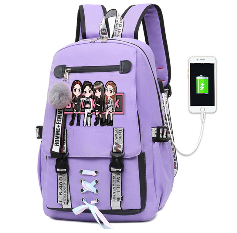 Blackpink Backpack for Girls Women Bag with USB Charging School Bag BLACKPINK Lisa Jisoo Jennie Rose Casual bag Handbag Birthday Gift for Girls High School Student