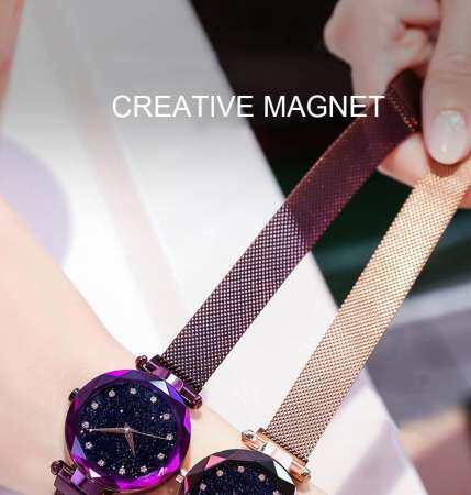 โรสโกล์ดโก้หรูผู้หญิงนาฬิกา Starry Sky แม่เหล็กนาฬิกาข้อมือสตรีกันน้ำนาฬิกาประดับพลอยเทียม