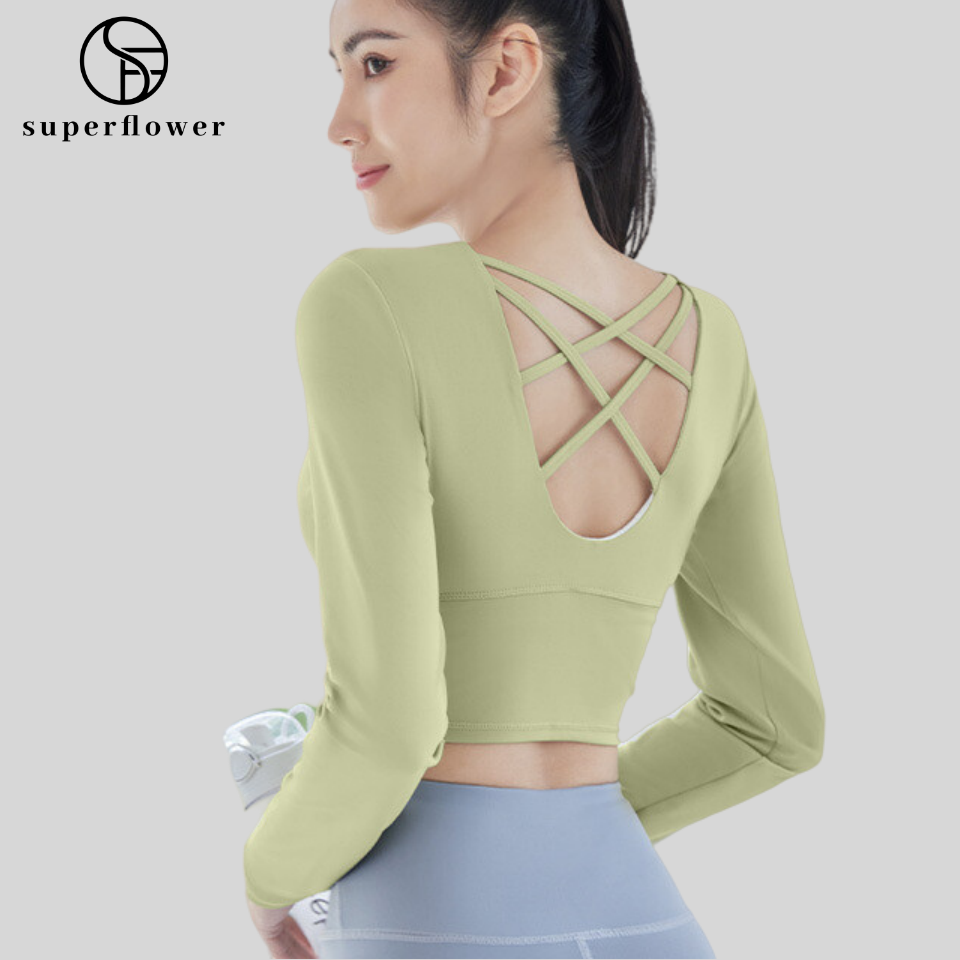 SUPERFLOWER Women's Long Sleeve Top with Fixed Chest Pads Beautiful Back Breathable Shirt for Running Jogging Yoga Fiess_voghion.com