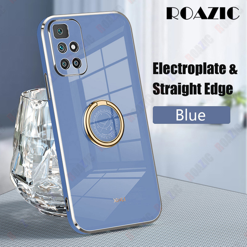 ROAZIC For Xiaomi Redmi 10 Phone Case [Free Ring Holder] Straight Electroplate Edge Glossy Casing Soft TPU Anti-fall Back Cover