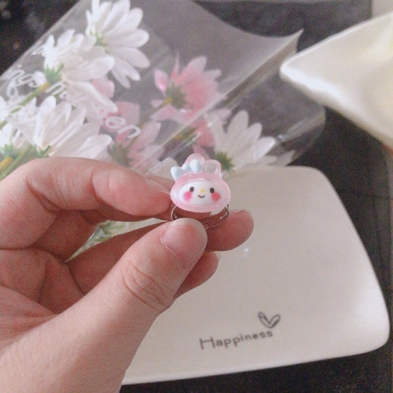 Kawaii Sanrio Resin Ring Baku Kuromi Couple Ring Bow Student Jewelry Metal Purple Black Sister Ring Gift for Girlfriend