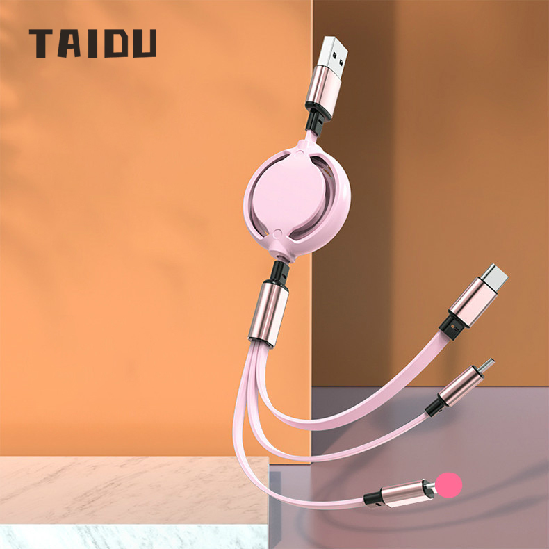 TAIDU Three-in-one data cable retractable car one-to-three fast charging cable