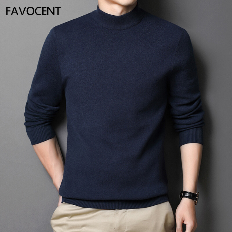 FAVOCENT Autumn Winter New Men Round Neck Solid Color Wool Sweater TurtleNeck Slim Bottoming Shirt