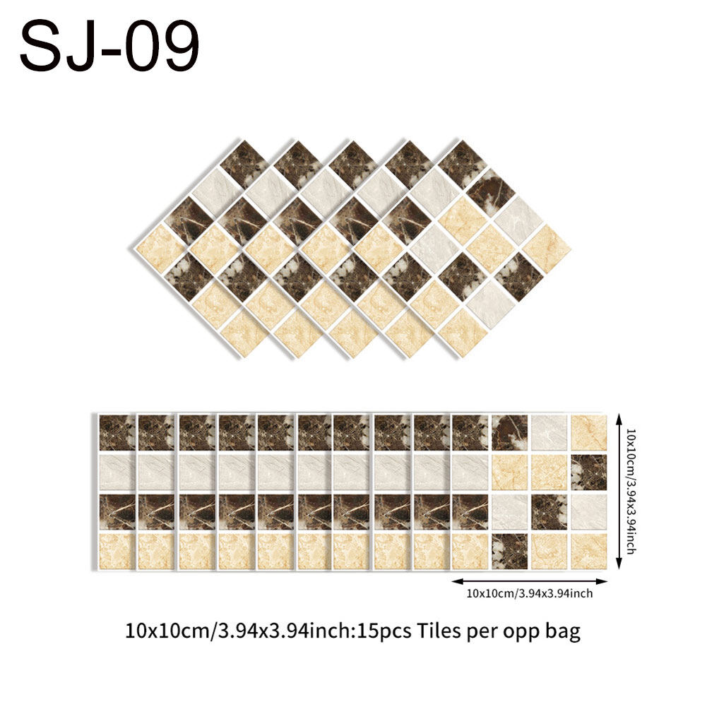 15Pcs 3D Mosaic Tile Wall Sticker Waterproof Anti-Oil Kitchen Bathroom DIY Decor