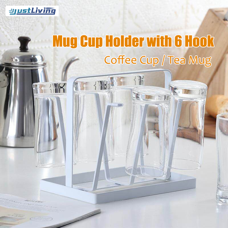 JustLiving Coffee Tea Cup Holder Mug Rack Drying Cup Holder with 6 Hook, Kitchen Organizers Glass Cup Holder Portable Tray Cup Holder