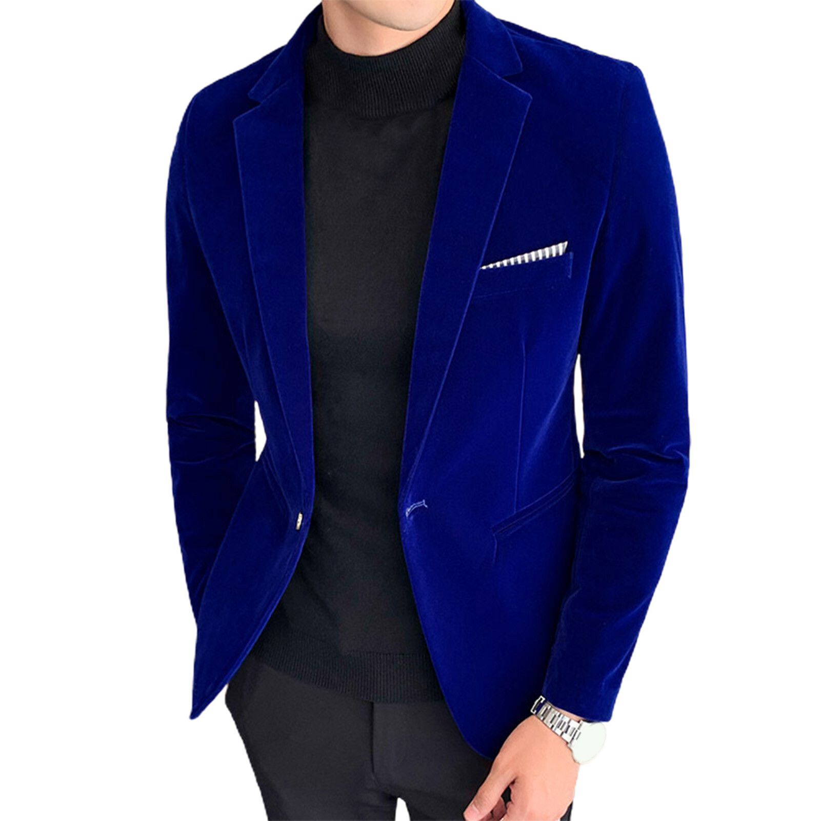Spring Men Blazer Solid Color Turndown Collar Long Sleeve Slim Fit Single Button Velvet Suit Coat Streetwear