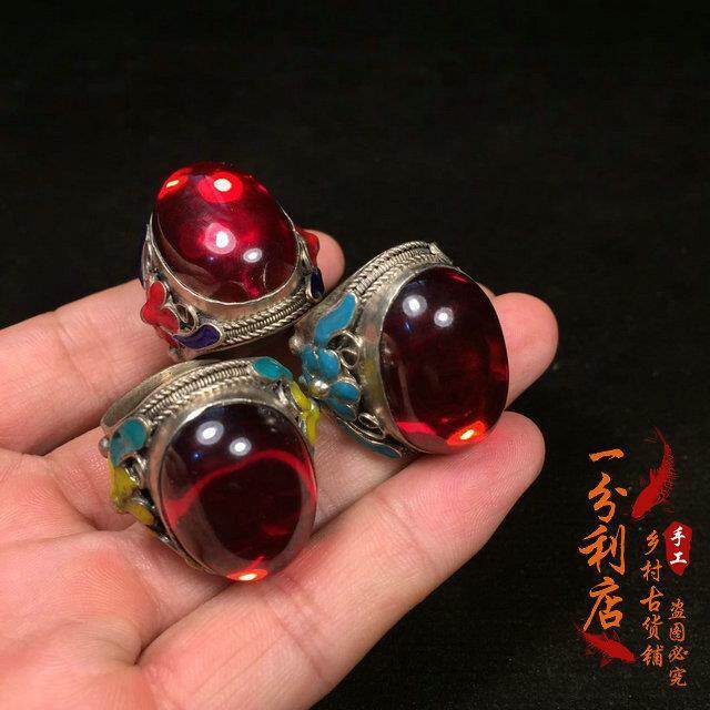 Antique collection Qing Dynasty red egg face ring support ring face old silver inlaid Open Silver Ring full silver wrench